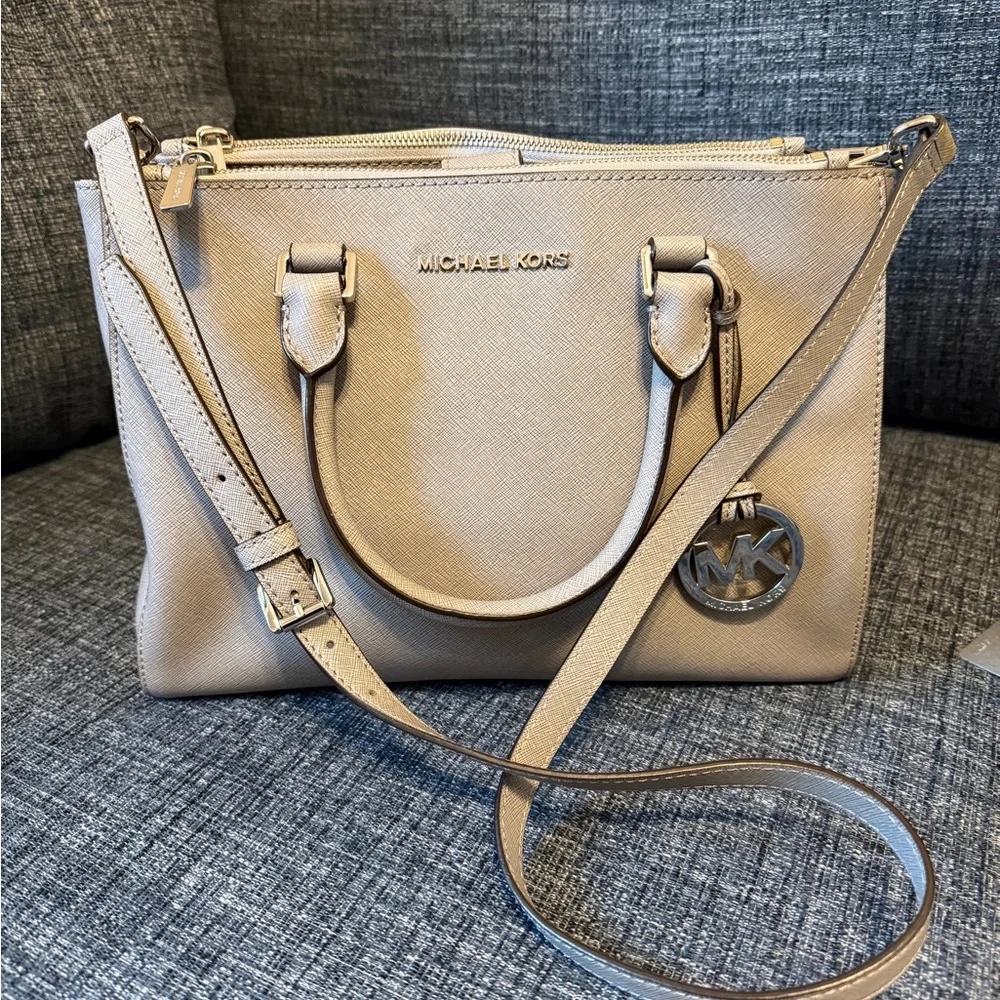 Michael Kors Gray Saffiano Leather Satchel with Silver-Tone Logo Charm